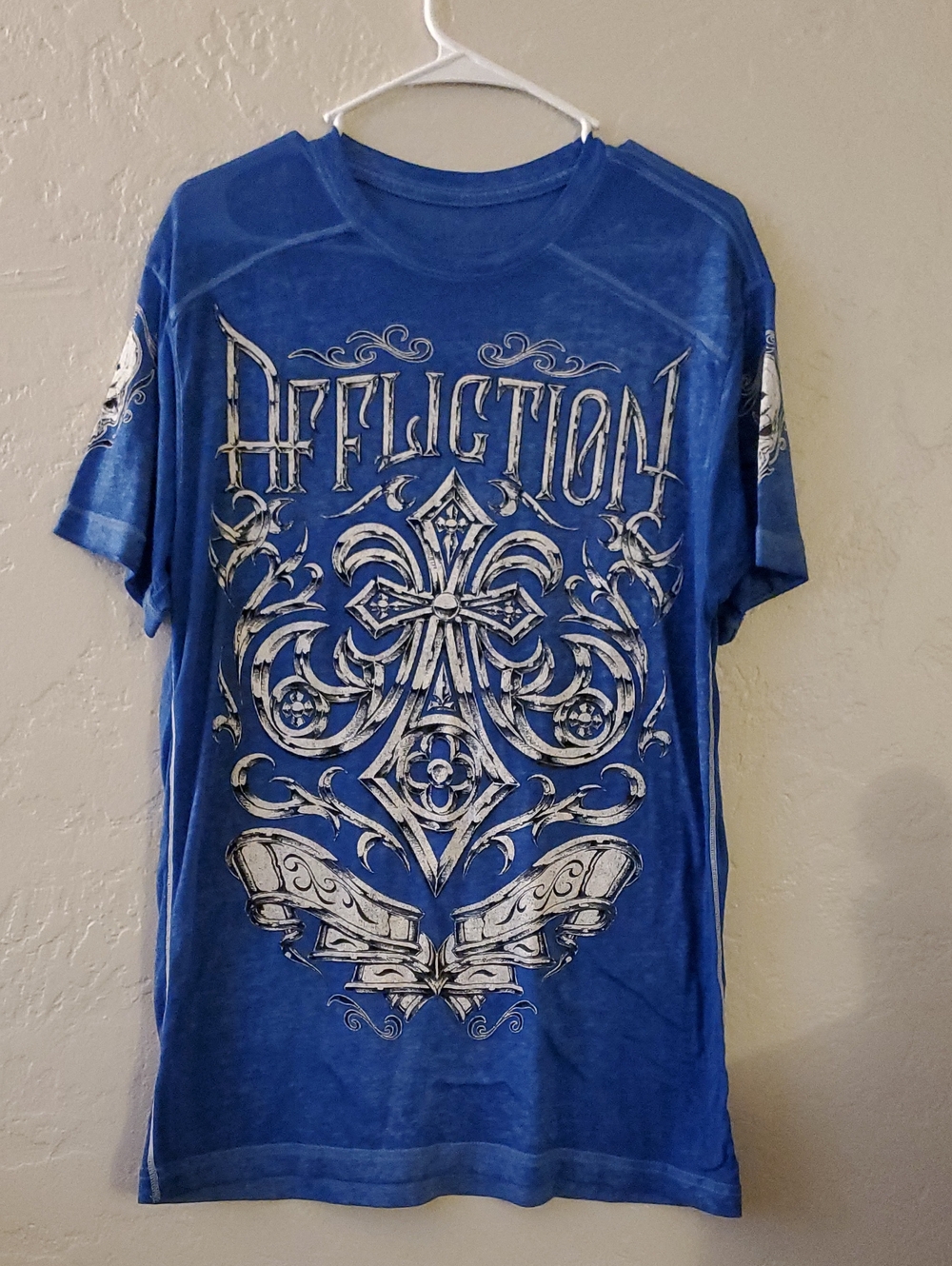 Affliction Blue Short Sleeve Graphic Crewneck Tee Mens Sz L